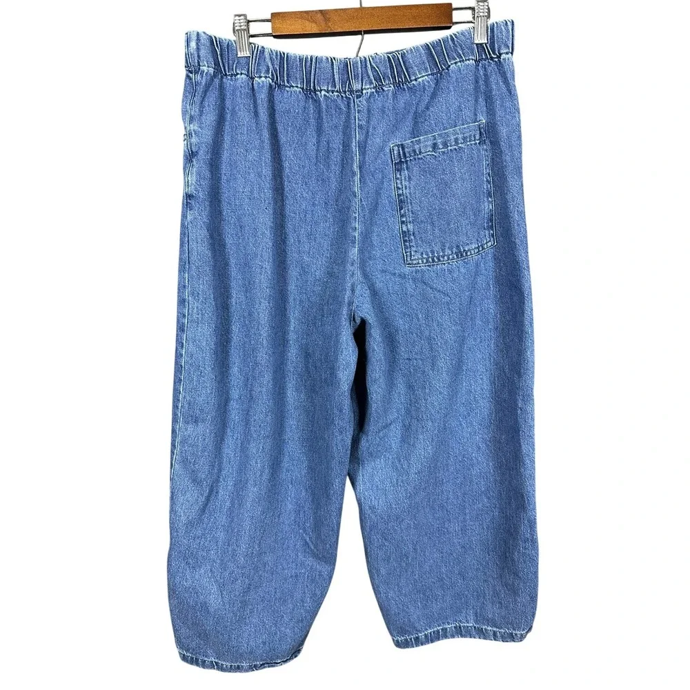 Zara Women XL Blue Denim Wide Leg Culottes High Rise Elastic Waist Cropped Pants
